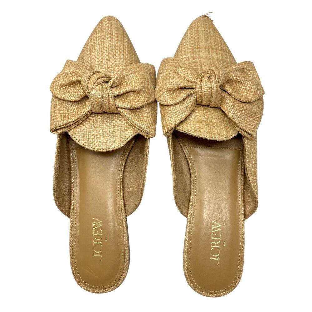 J Crew Woven Bow Mule Womens 8 Tan Pointed Toe Slip On Summer Resortwear Flats